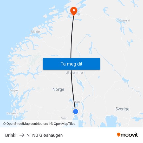 Brinkli to NTNU Gløshaugen map