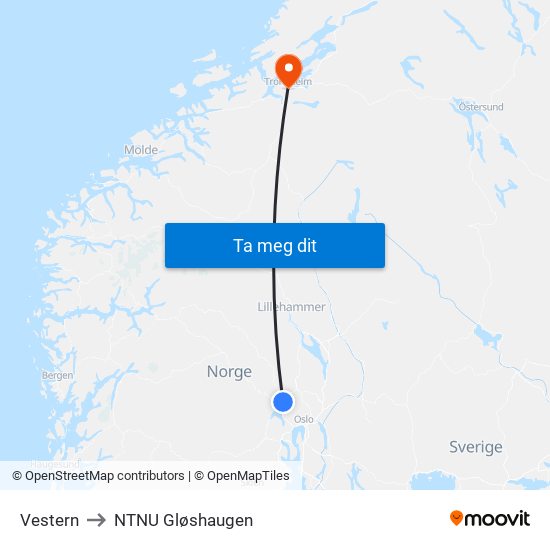 Vestern to NTNU Gløshaugen map