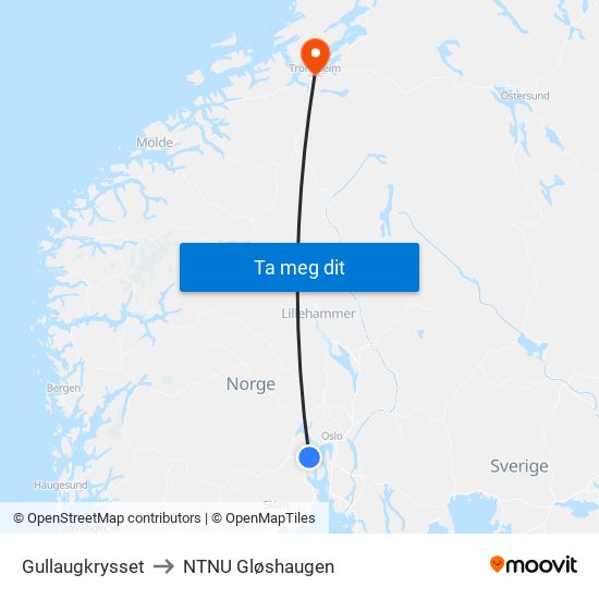 Gullaugkrysset to NTNU Gløshaugen map
