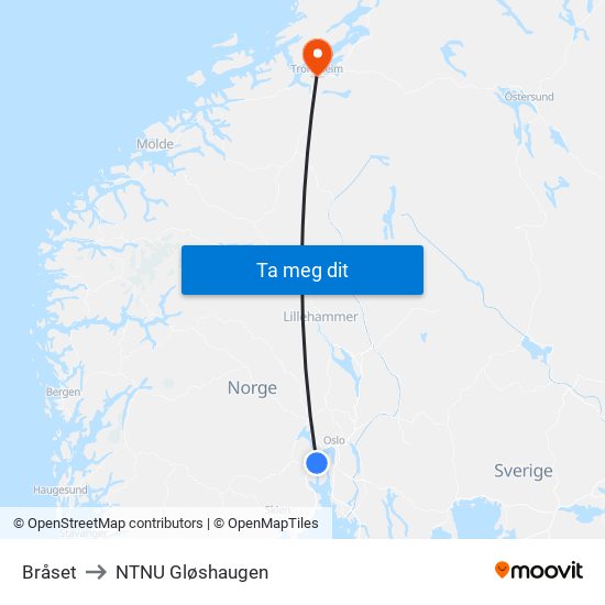 Bråset to NTNU Gløshaugen map