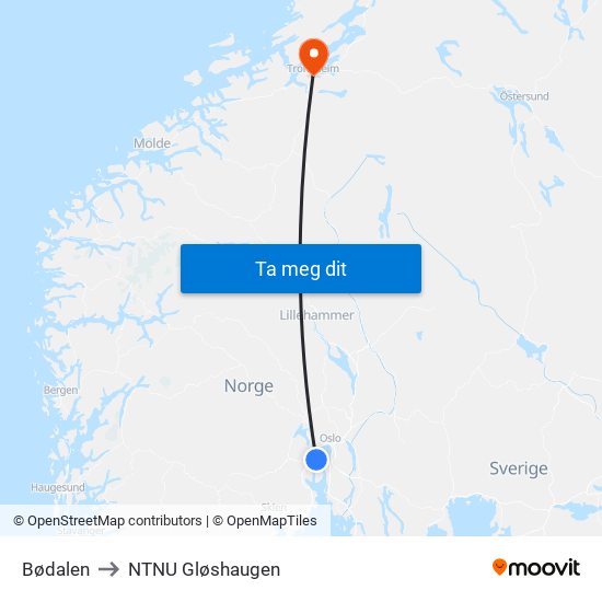 Bødalen to NTNU Gløshaugen map