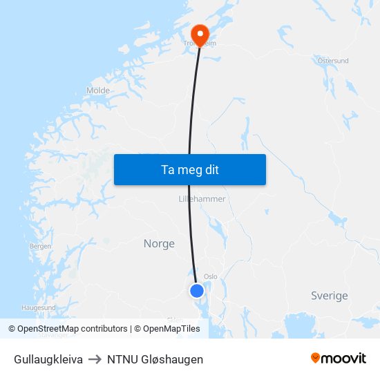 Gullaugkleiva to NTNU Gløshaugen map