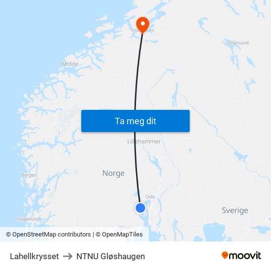 Lahellkrysset to NTNU Gløshaugen map