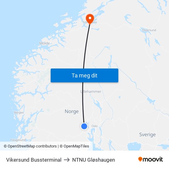 Vikersund Bussterminal to NTNU Gløshaugen map