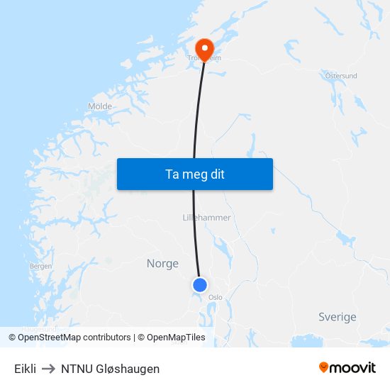 Eikli to NTNU Gløshaugen map