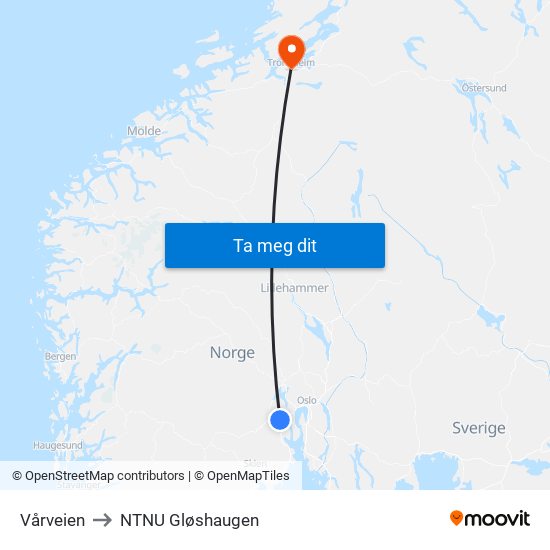 Vårveien to NTNU Gløshaugen map