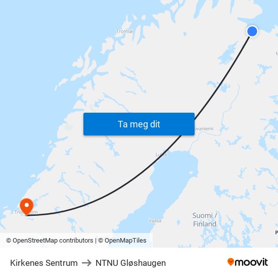 Kirkenes Sentrum to NTNU Gløshaugen map