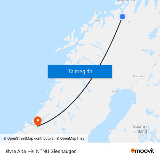 Øvre Alta to NTNU Gløshaugen map