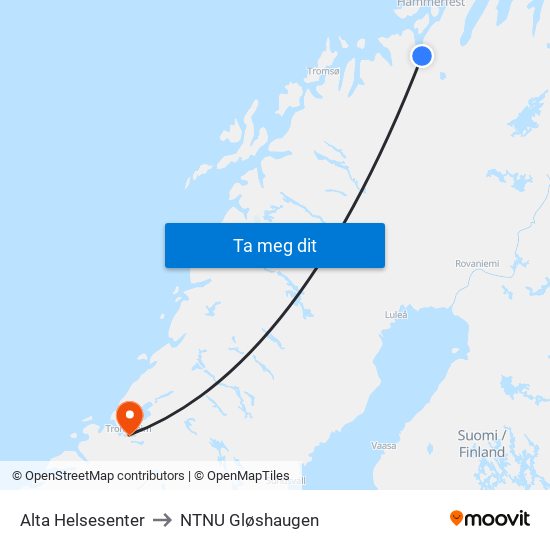 Alta Helsesenter to NTNU Gløshaugen map