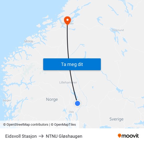 Eidsvoll Stasjon to NTNU Gløshaugen map