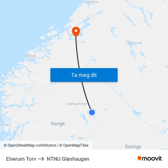 Elverum Torv to NTNU Gløshaugen map