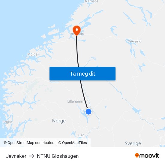 Jevnaker to NTNU Gløshaugen map