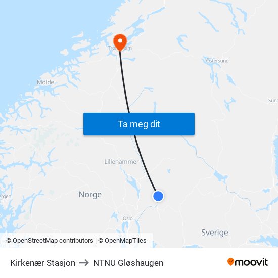 Kirkenær Stasjon to NTNU Gløshaugen map