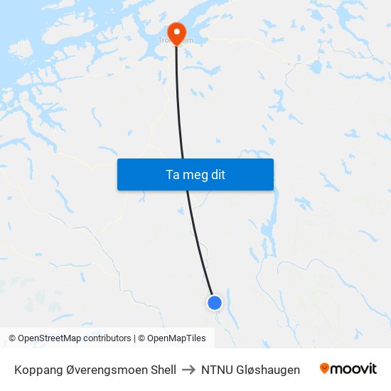 Koppang Øverengsmoen Shell to NTNU Gløshaugen map