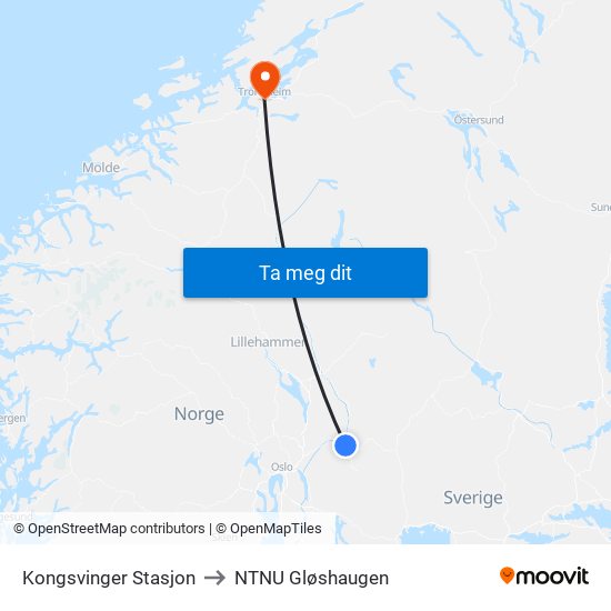 Kongsvinger Stasjon to NTNU Gløshaugen map