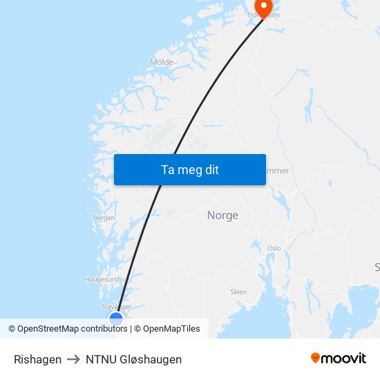 Rishagen to NTNU Gløshaugen map
