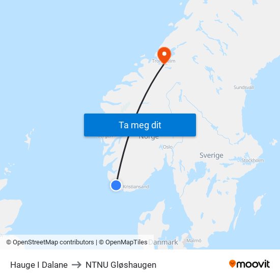 Hauge I Dalane to NTNU Gløshaugen map