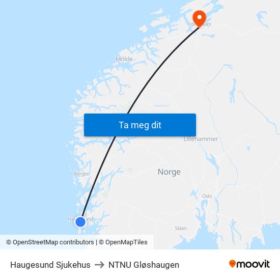 Haugesund Sjukehus to NTNU Gløshaugen map