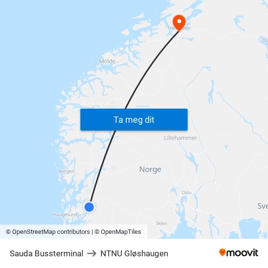 Sauda Bussterminal to NTNU Gløshaugen map