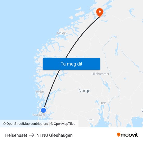 Helsehuset to NTNU Gløshaugen map