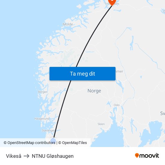 Vikeså to NTNU Gløshaugen map