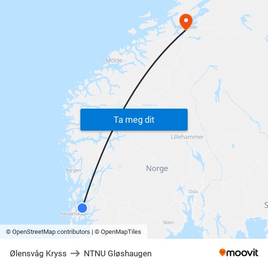 Ølensvåg Kryss to NTNU Gløshaugen map