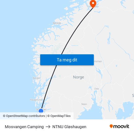 Mosvangen Camping to NTNU Gløshaugen map