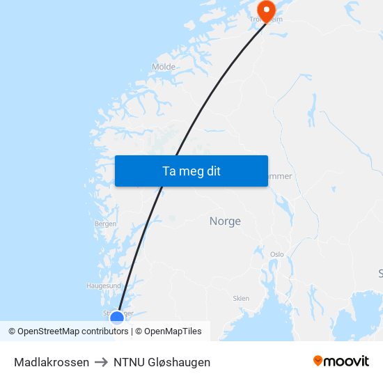 Madlakrossen to NTNU Gløshaugen map
