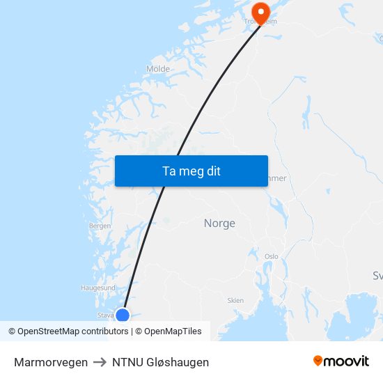 Marmorvegen to NTNU Gløshaugen map