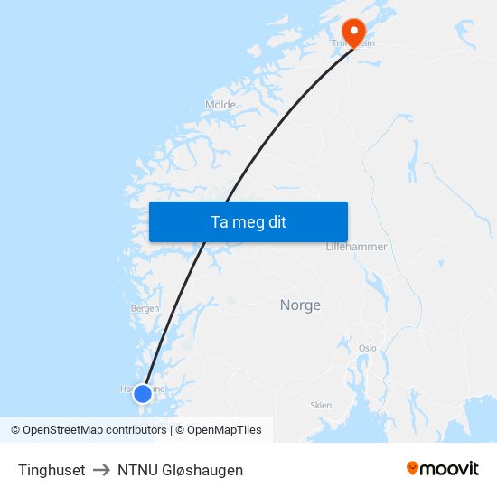 Tinghuset to NTNU Gløshaugen map