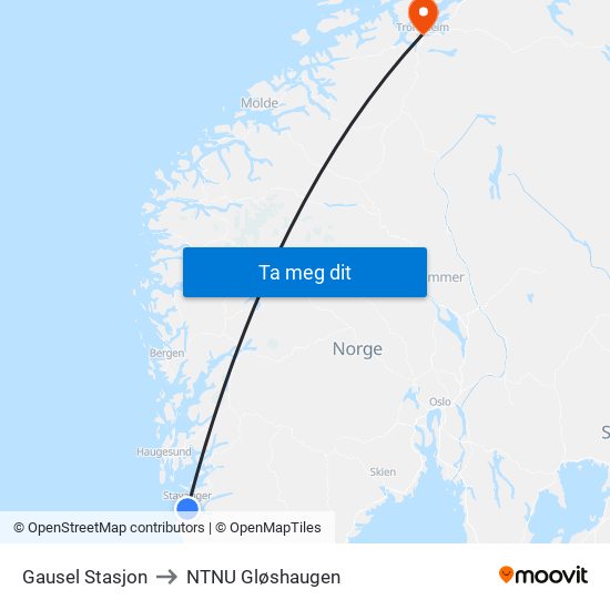 Gausel Stasjon to NTNU Gløshaugen map