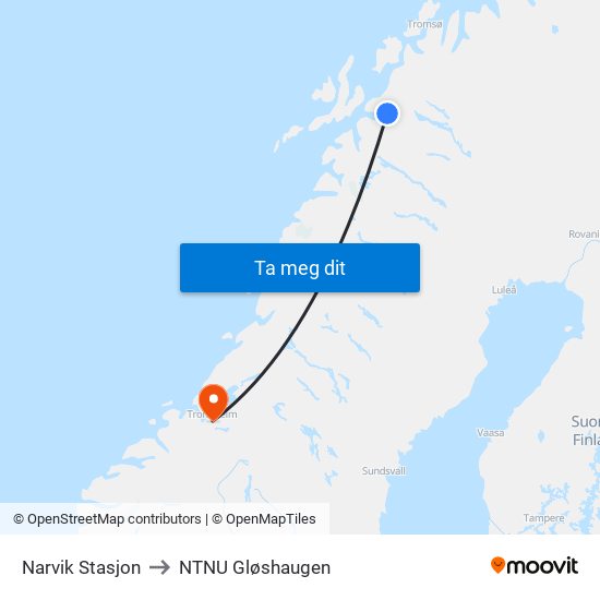 Narvik Stasjon to NTNU Gløshaugen map