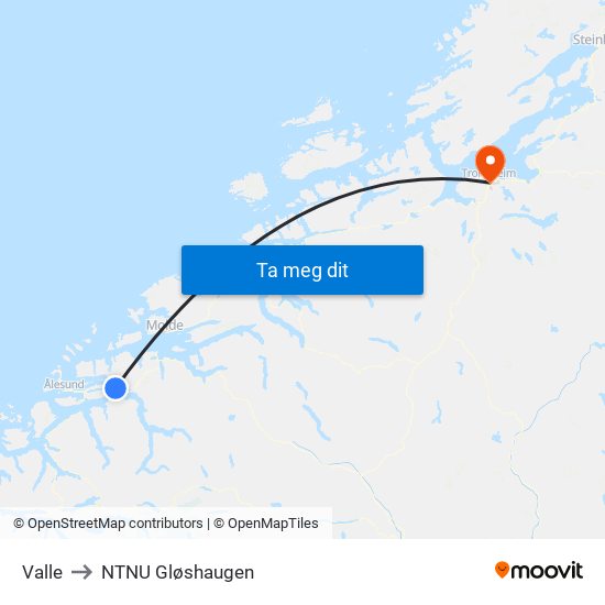 Valle to NTNU Gløshaugen map