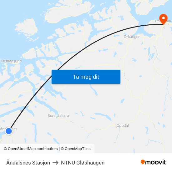 Åndalsnes Stasjon to NTNU Gløshaugen map