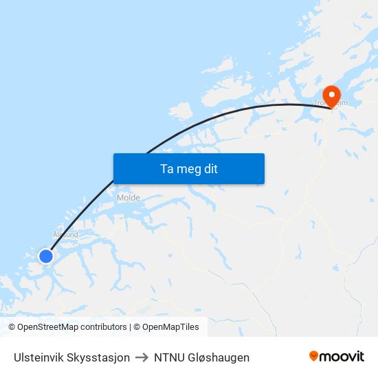 Ulsteinvik Skysstasjon to NTNU Gløshaugen map