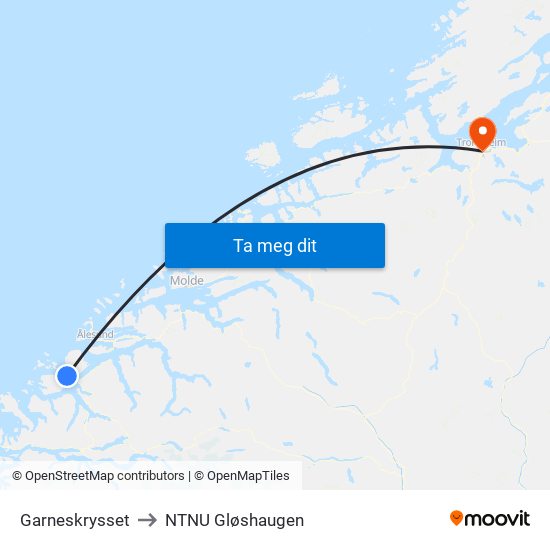 Garneskrysset to NTNU Gløshaugen map