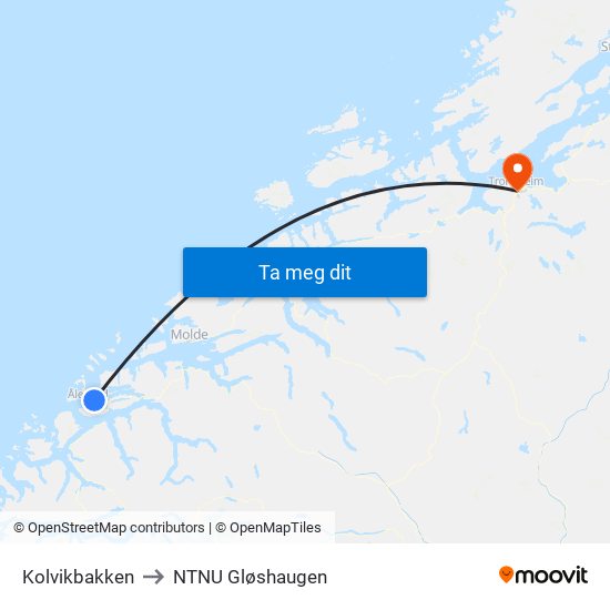 Kolvikbakken to NTNU Gløshaugen map