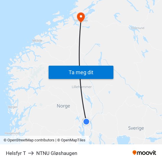Helsfyr T to NTNU Gløshaugen map