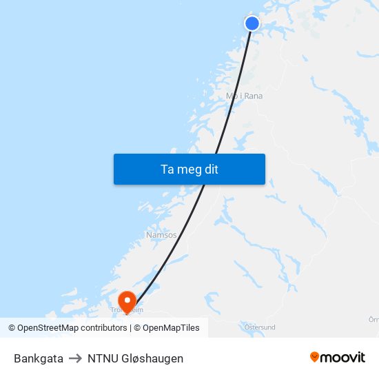 Bankgata to NTNU Gløshaugen map