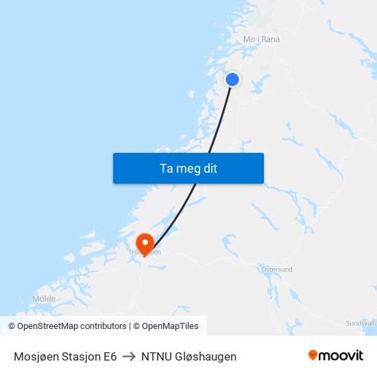 Mosjøen Stasjon E6 to NTNU Gløshaugen map