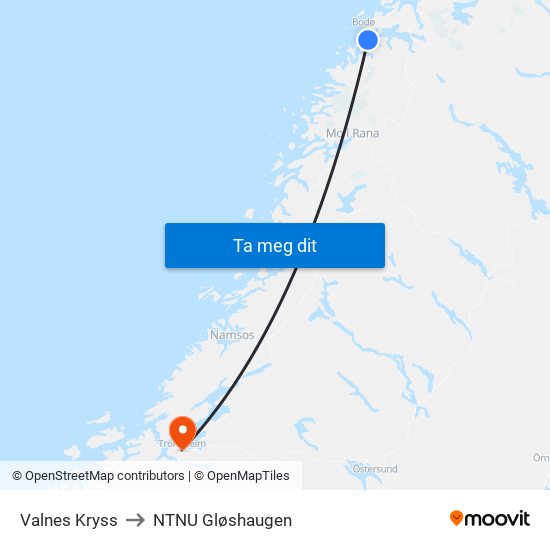 Valnes Kryss to NTNU Gløshaugen map