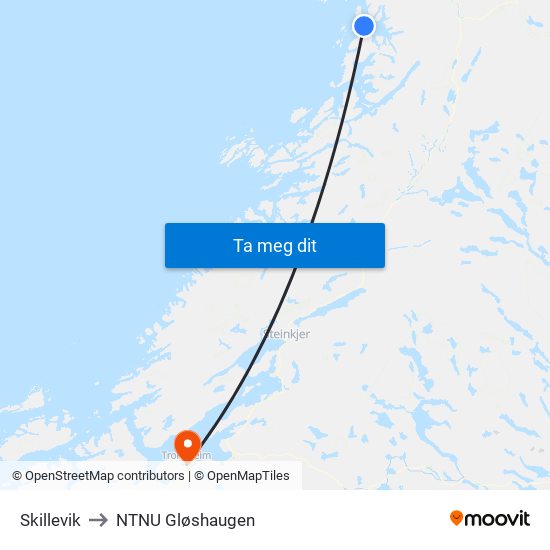 Skillevik to NTNU Gløshaugen map