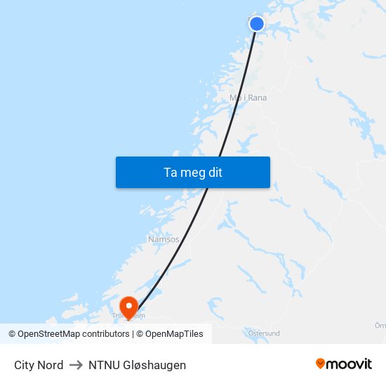 City Nord to NTNU Gløshaugen map