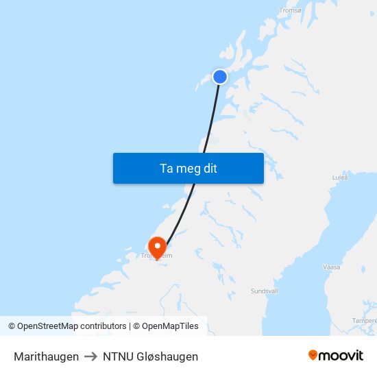 Marithaugen to NTNU Gløshaugen map