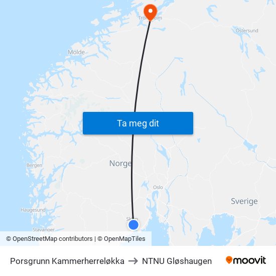 Porsgrunn Kammerherreløkka to NTNU Gløshaugen map