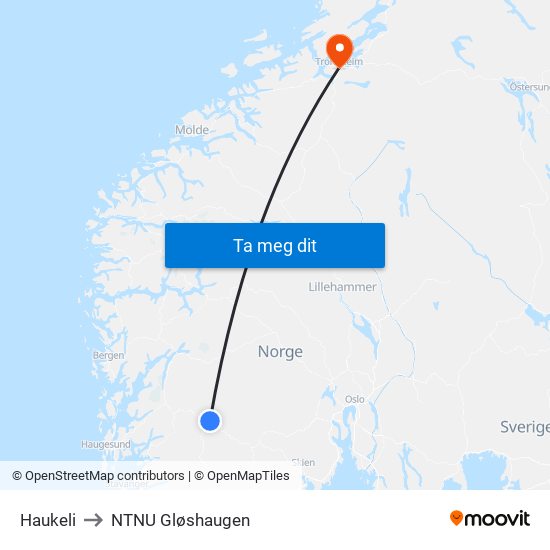 Haukeli to NTNU Gløshaugen map