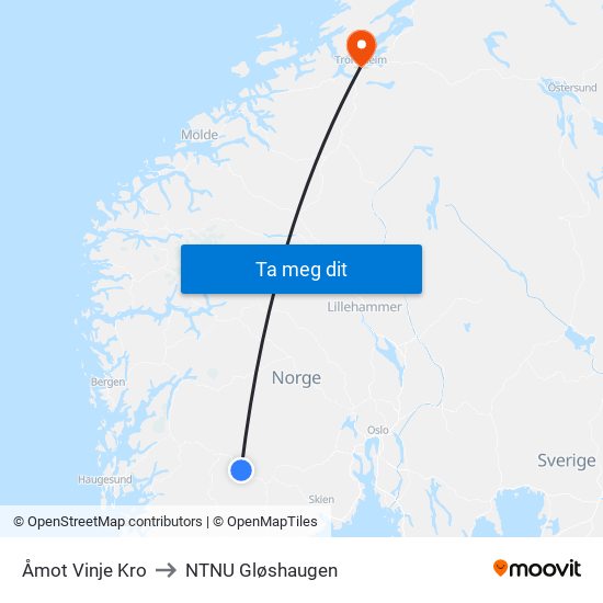 Åmot Vinje Kro to NTNU Gløshaugen map