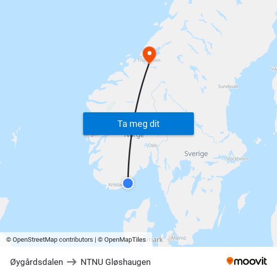 Øygårdsdalen to NTNU Gløshaugen map