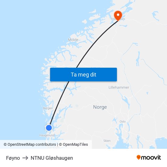 Føyno to NTNU Gløshaugen map