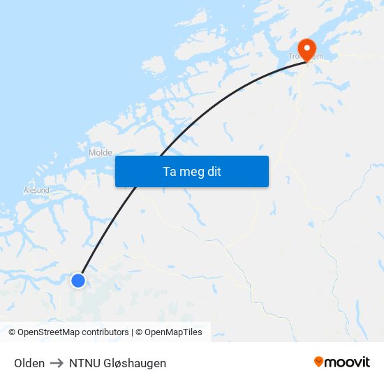 Olden to NTNU Gløshaugen map